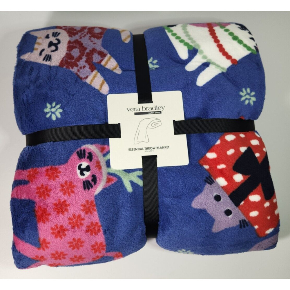 Vera Bradley CATNIP CHRISTMAS Throw Blanket Plush Blue NWT 80" x 50" Holiday Cat